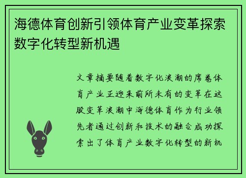 海德体育创新引领体育产业变革探索数字化转型新机遇